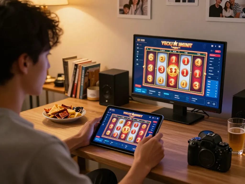 A player enjoying qh88go online slots on a tablet in a cozy gaming room, with warm ambiance and snacks
