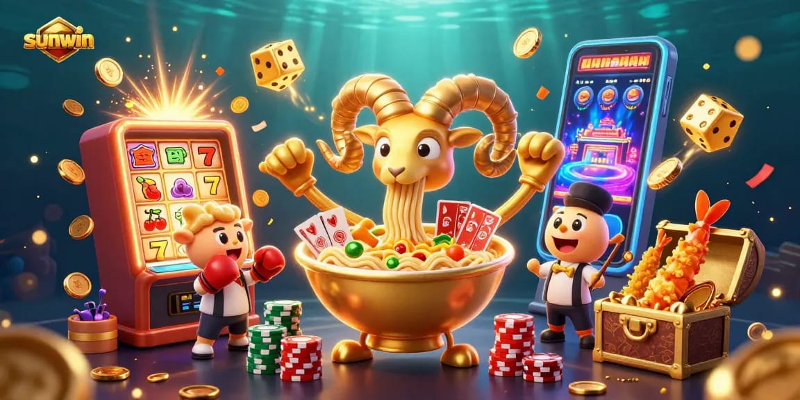 Win big with sunwin at this vibrant 3D casino scene featuring dynamic characters and colorful game elements.