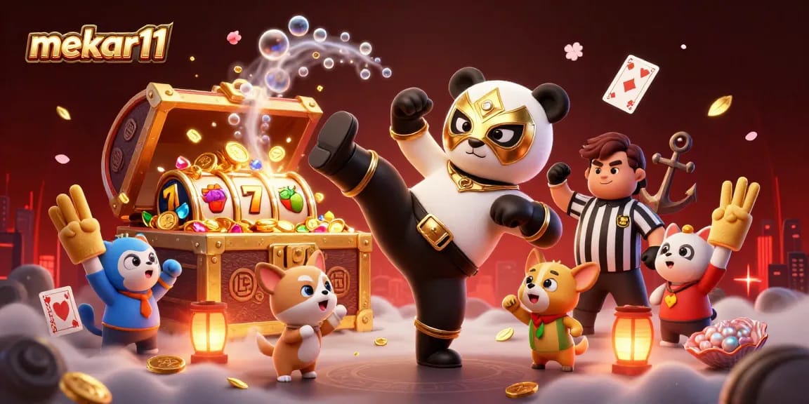 Mekar11 slot game scene with a panda wrestler and vibrant casino elements, showcasing excitement.