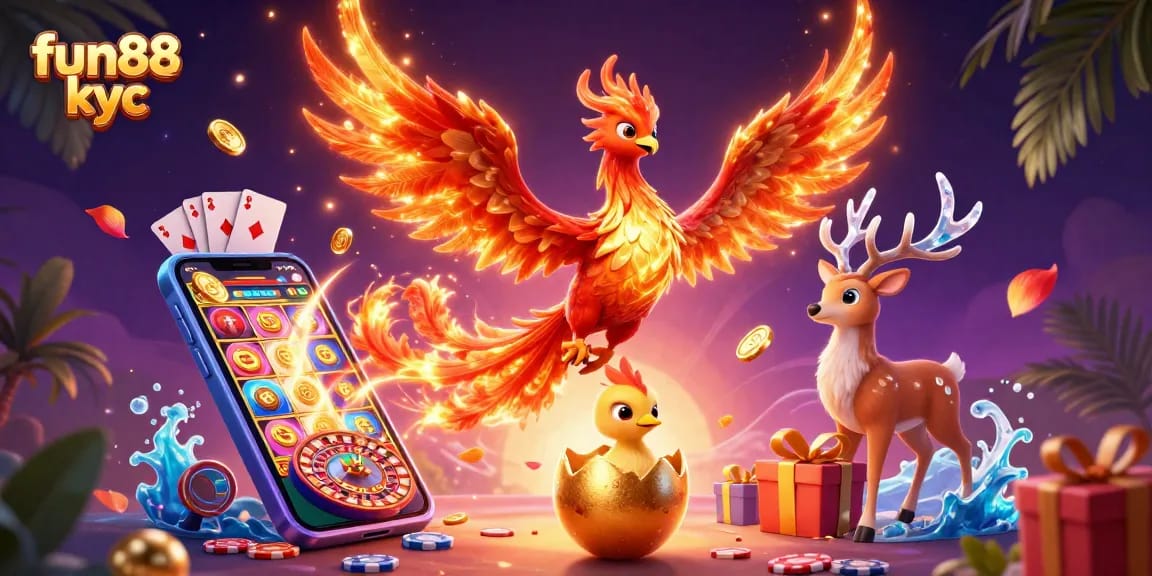 Trải nghiệm chơi cá cược tại fun88 kyc với biểu tượng phượng hoàng và nhiều trò chơi hấp dẫn.