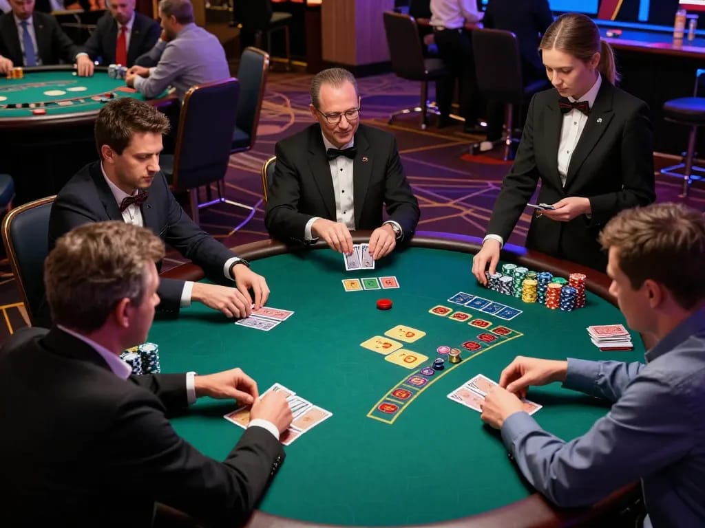 Players engaged in an electrifying blackjack game at lu888's upscale casino, vibrant ambiance enhances excitement.