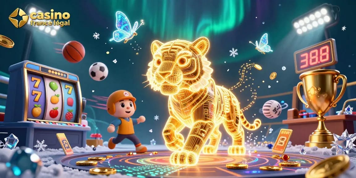 Visuel captivant du casino en ligne france légal avec un tigre lumineux et des éléments de jeux dynamiques.