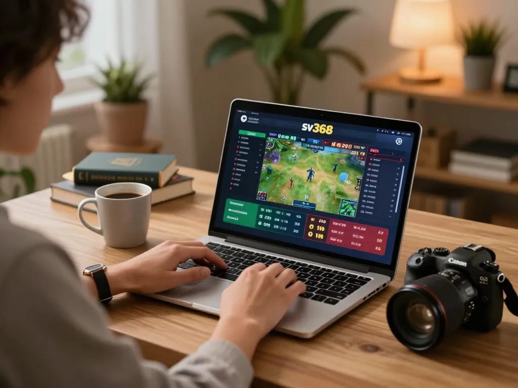Person engaging in sports betting on sv368 online platform, displaying live stats and excitement.