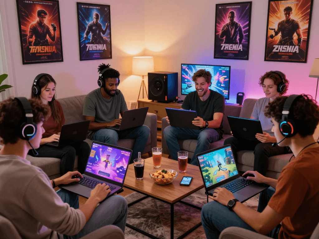 Friends enjoying porngames together in a cozy living room setting with multiple devices and vibrant game visuals.