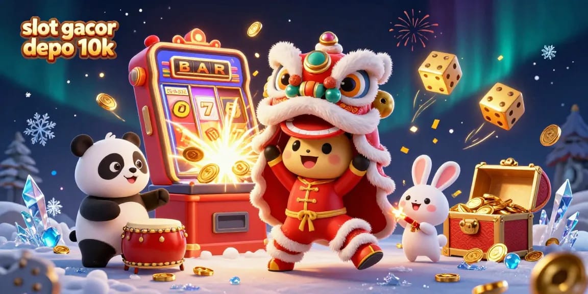 Menangkan slot gacor depo 10k dengan pemandangan meriah yang menampilkan karakter dan elemen kasino yang berwarna-warni.