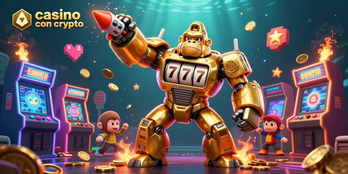 Gioca nei casino con crypto con l'energia del gorilla meccanico e macchine colorate nel mondo del gioco.