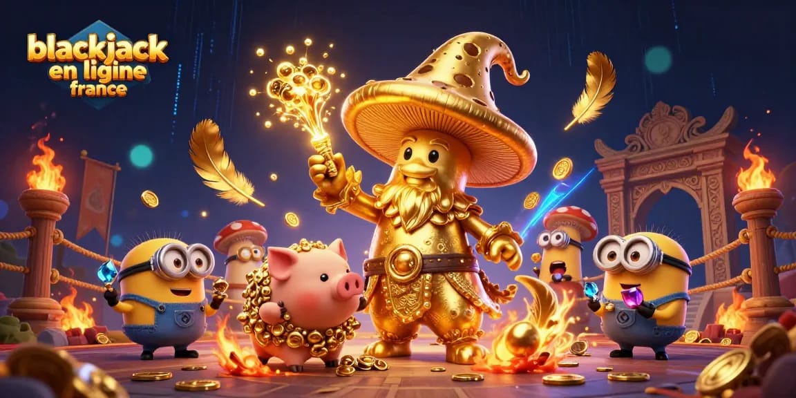 Des jeux de blackjack en ligne France avec des personnages animés créant des effets de magie d'or.