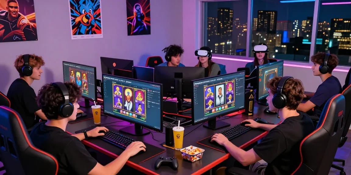 Playbook88 gaming group enjoying vibrant online slot games in a lively setting.