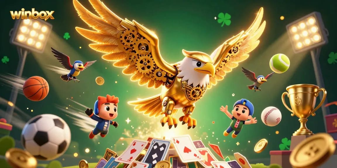 Engage with winbox as a 3D cartoon golden eagle dives through dynamic casino action and sports elements.