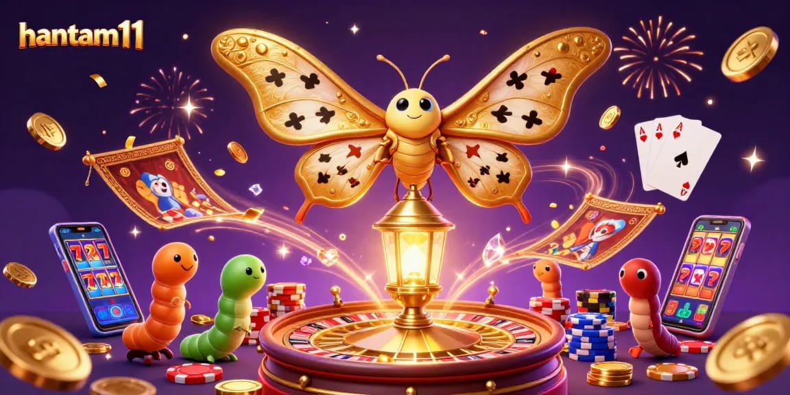 Spin to win with hantam11, a vibrant illustration of a gold-winged moth amid casino treasures.