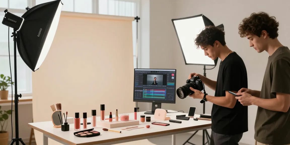 Fotografia prodotti Milano in uno studio moderno, fotografo professionale al lavoro con attrezzatura avanzata.