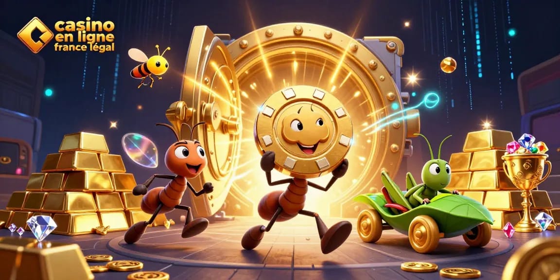 Jeux de casino en ligne France légal avec des fourmis transportant un jeton de poker géant.