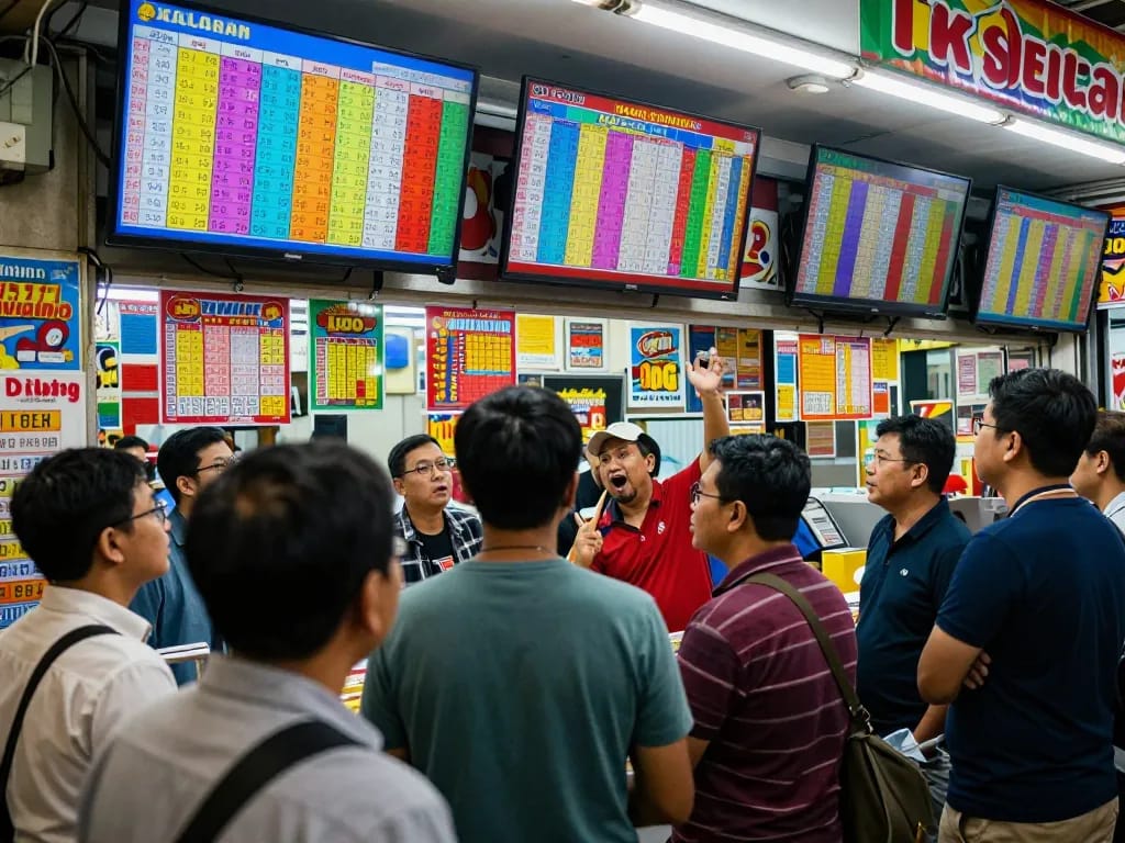 Keluaran HK live draw excitement at a crowded lottery betting shop with diverse players anticipating results.