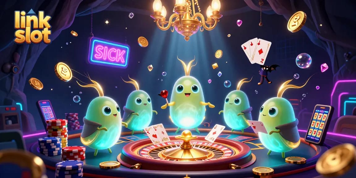 Experience the thrill of winning with link slot in this vibrant 3D casino scene filled with colorful characters and sparkling elements.