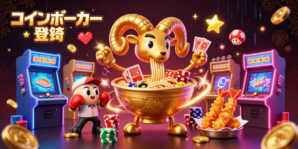 コインポーカー登録を楽しむシーン、ポーカーとゲーム機が交差するユニークなイラスト。