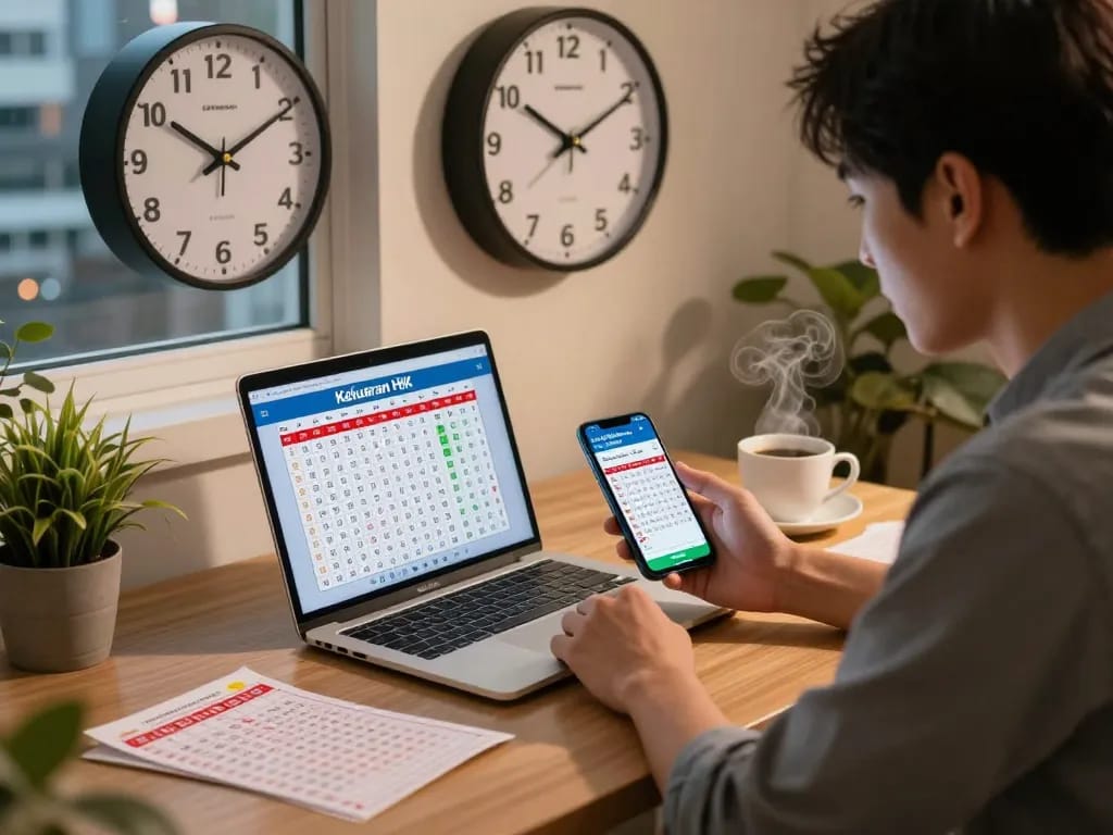 Keluaran HK results are monitored live at a cozy home office during evening hours, capturing excitement and engagement.