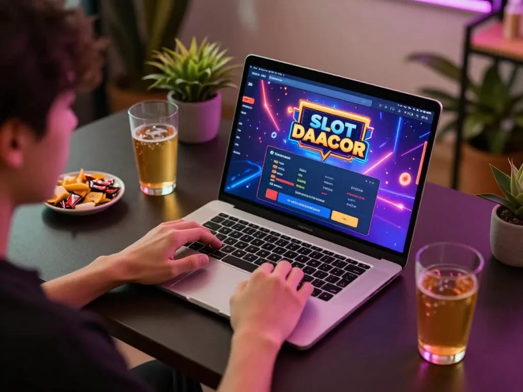 Engaged in Slot Gacor Dewagg gameplay at a stylish home desk setting, showcasing immersive online gambling experience.