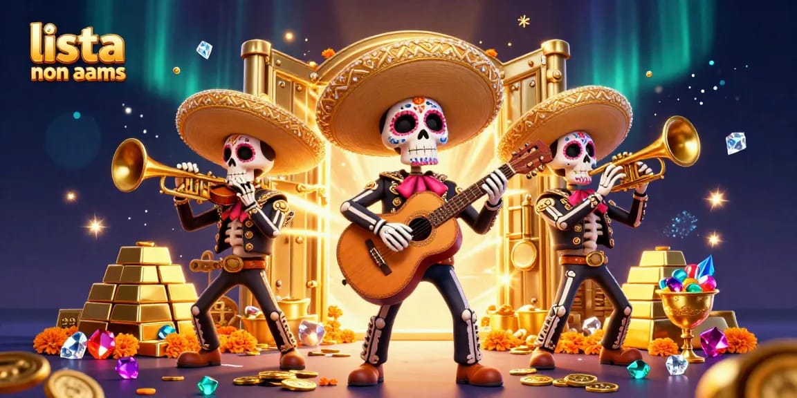 Gioca nei migliori casinò non AAMS con una scena vivace di scheletri mariachi che celebrano tra tesori d'oro.