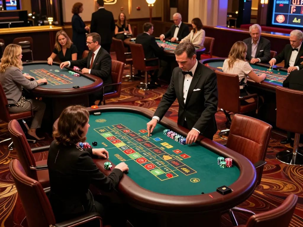 O8 players strategizing at roulette tables, showcasing vibrant casino atmosphere and excitement.