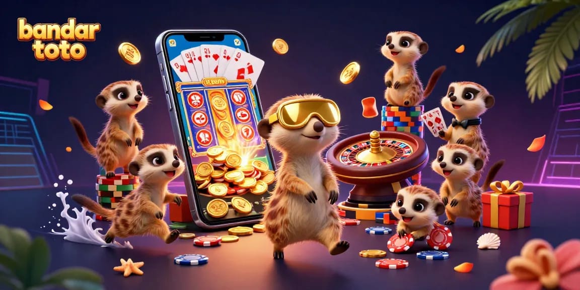 Experience the excitement of bandar toto with a thrilling casino scene featuring playful meerkats and colorful game elements.