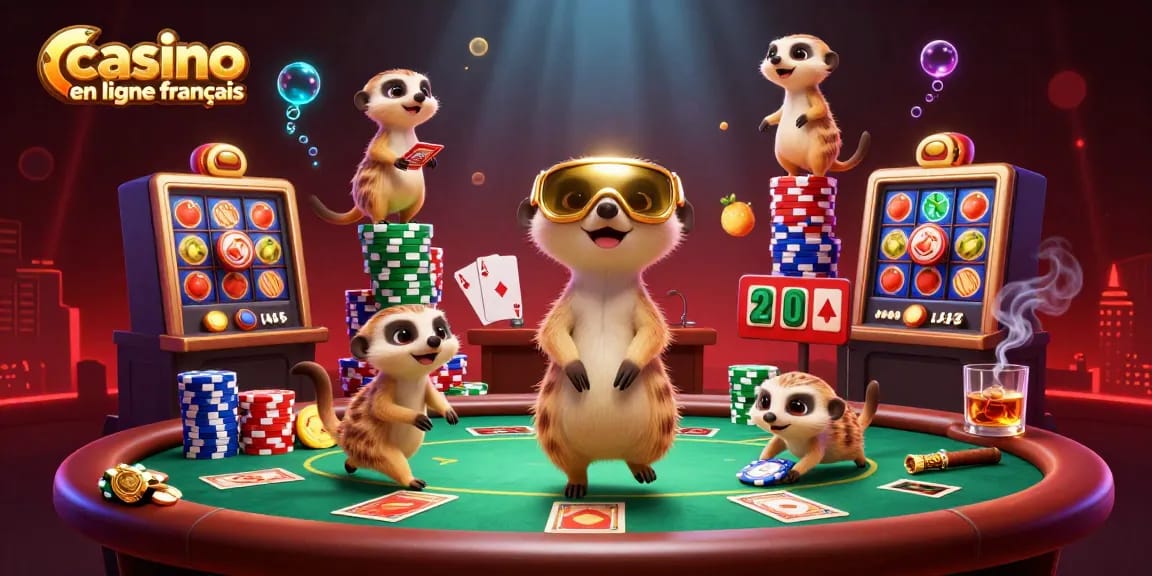 Profitez de l'excitation du casino en ligne français avec une scène dynamique de suricates jouant au poker.