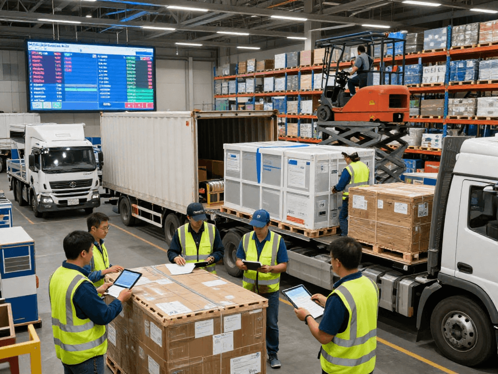 Transportunternehmen Dortmund in Aktion: Logistikteam koordiniert internationale Transporte mit digitaler Technik und Warenladungen.