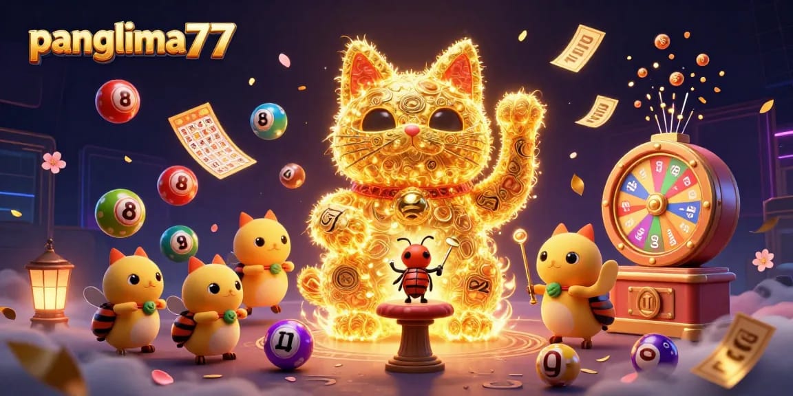 Panglima77 showcases a lively 3D illustration of a lucky cat amidst colorful lottery elements and dynamic money effects.