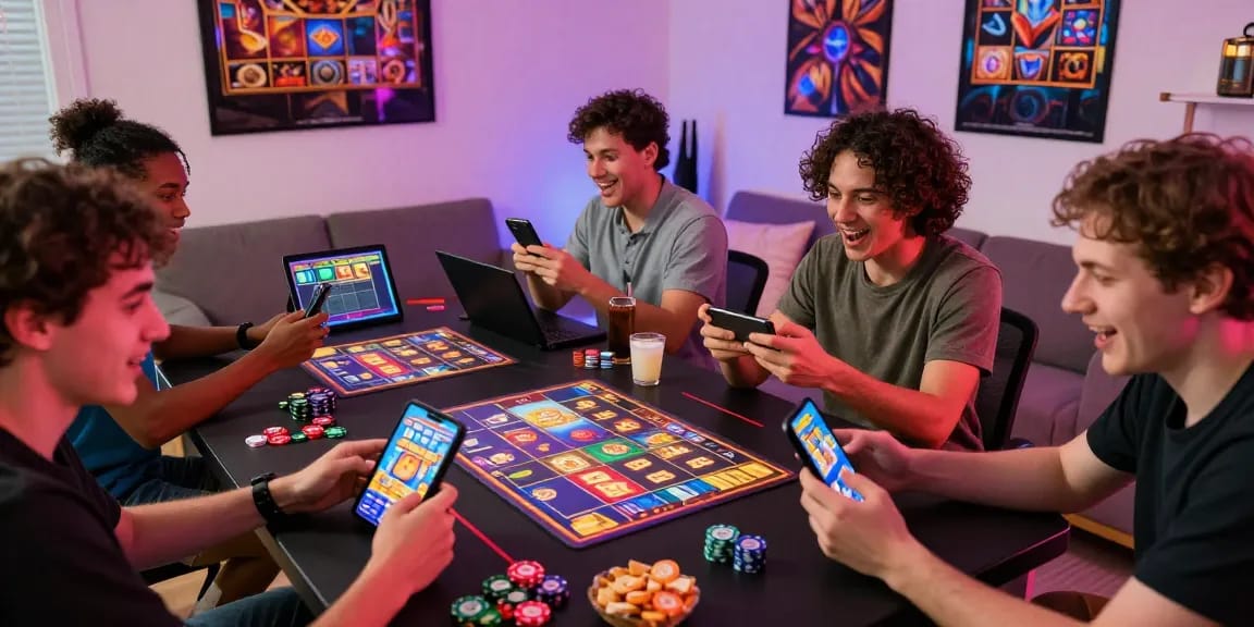 Excited players enjoying deposit pulsa tanpa potongan gaming at home.