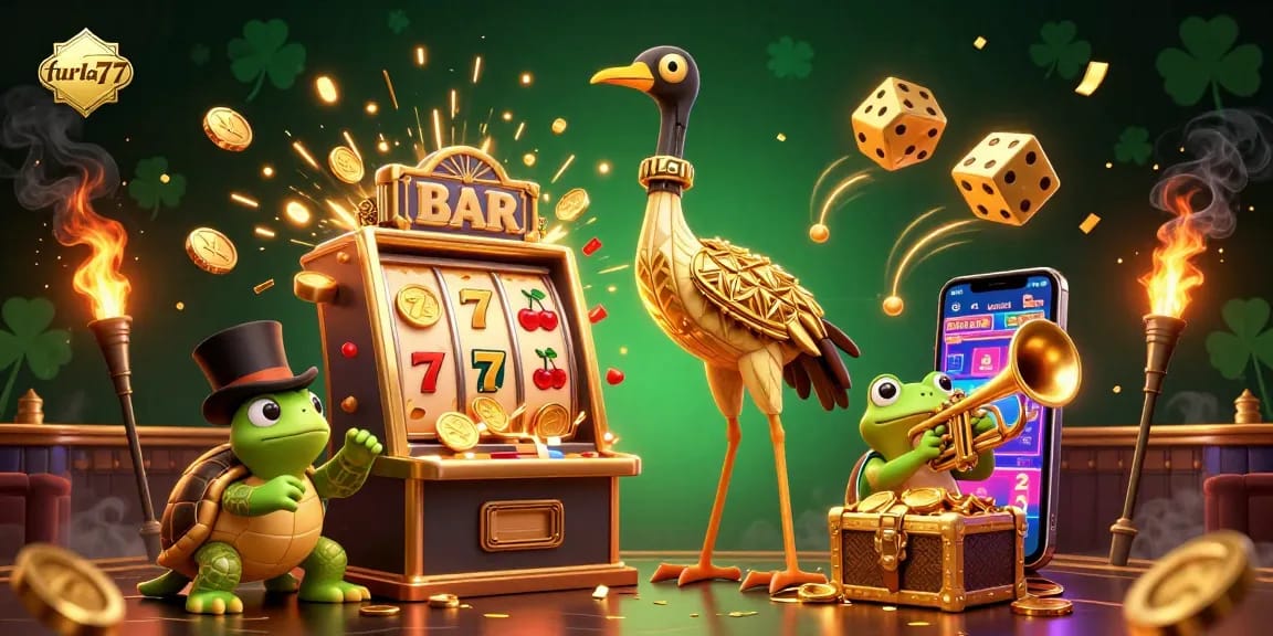 Spinning jackpots with furla77, featuring vibrant characters and dazzling casino elements.