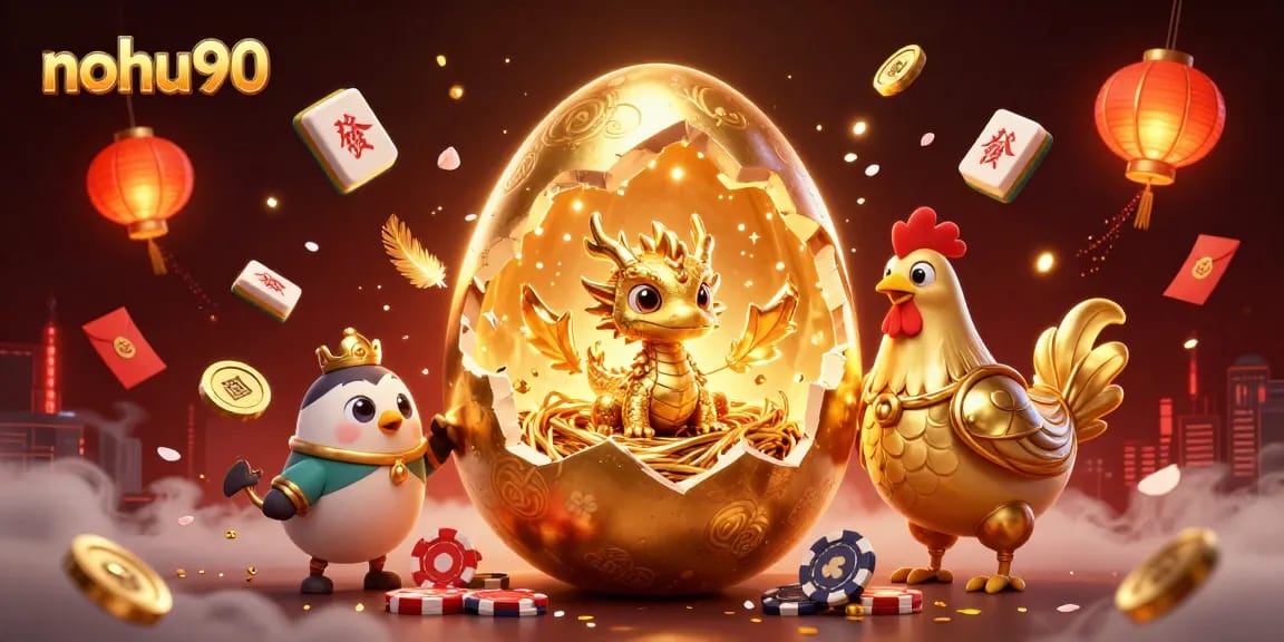 Nohu90 casino artwork featuring a golden baby dragon with poker chips, symbolizing luck and gaming excitement.