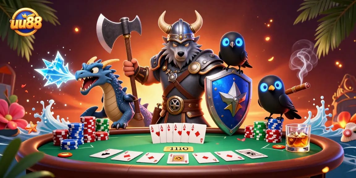 Engage in thrilling card play at uu88 with a Viking warrior, dragon, and poker elements