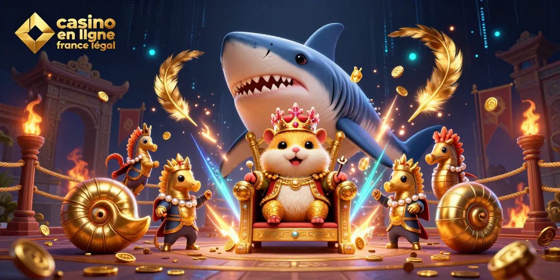 Illustration 3D représentant un roi hamster doré sur un trône de dent de requin, thématique de casino en ligne en France légal.