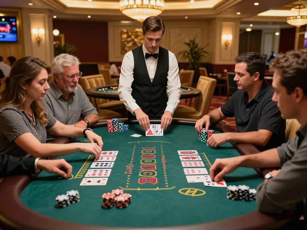 Dynamic blackjack gameplay at a casino showcasing nhacaiuytinn excitement with players and dealer in action.