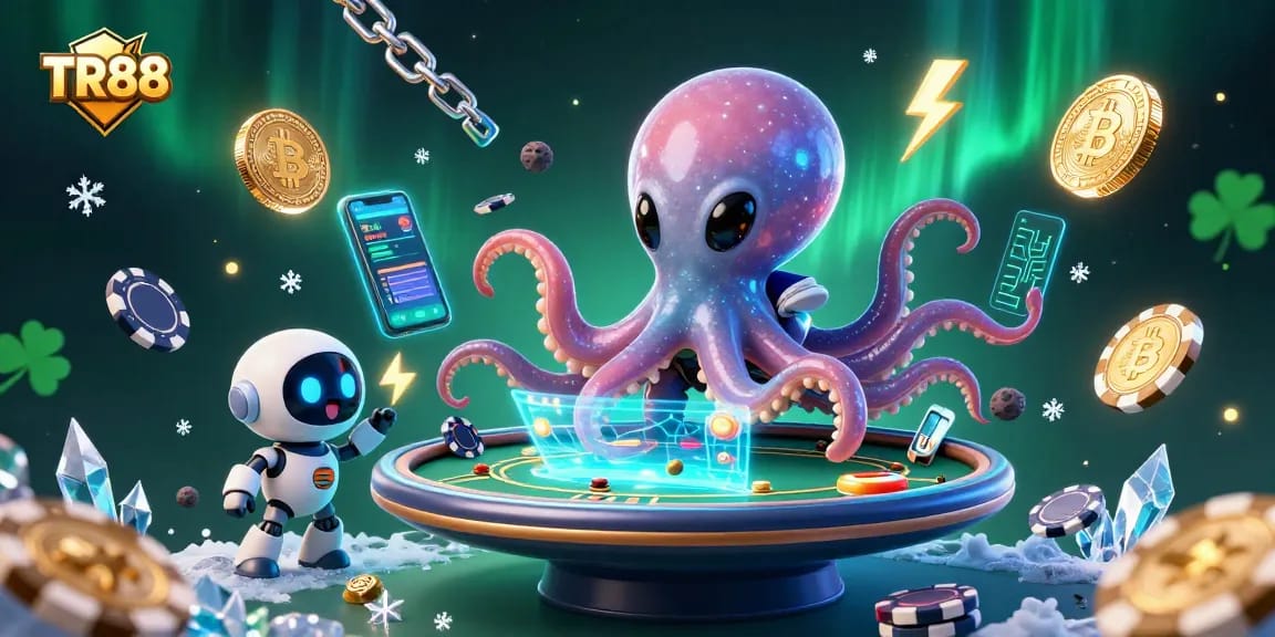 Join the excitement at TR88 with vibrant alien octopus and poker-themed elements in a dazzling space setting.