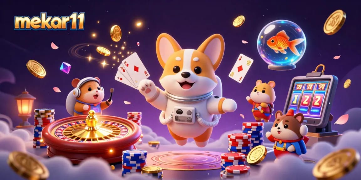 Experience the thrill of mekar11 with an astronaut corgi and vibrant casino elements in zero gravity.