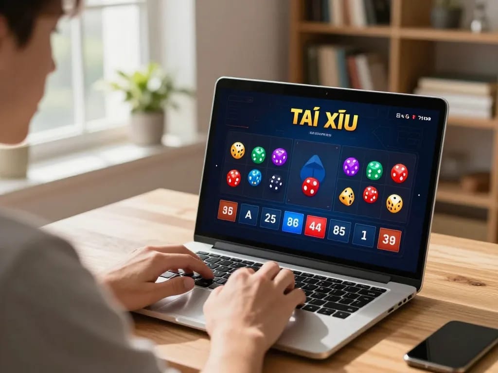 Player engaging with taixiuonline8 online game interface on a laptop, conveying excitement and strategy in a cozy setting.
