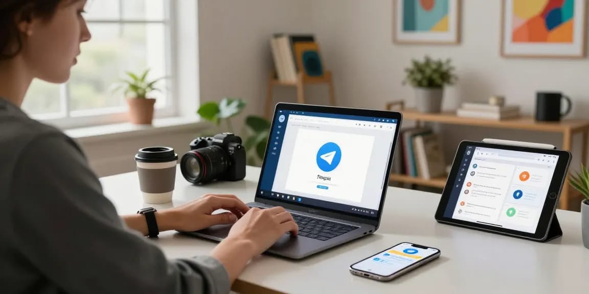 Setting up the telegram chinese desktop app in a bright modern office.