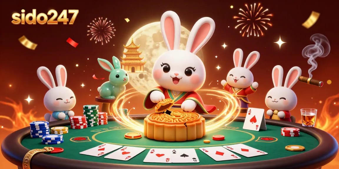 Play poker with the unique sido247 moon rabbit character winning chips and showcasing vibrant casino elements.