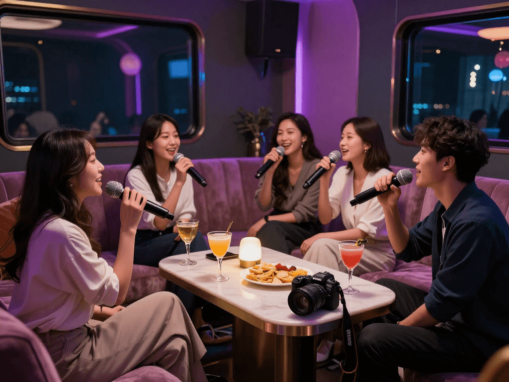 강남 엘리트 하이퍼블릭 가라오케에서 친구들과 즐거운 시간을 보내는 모습