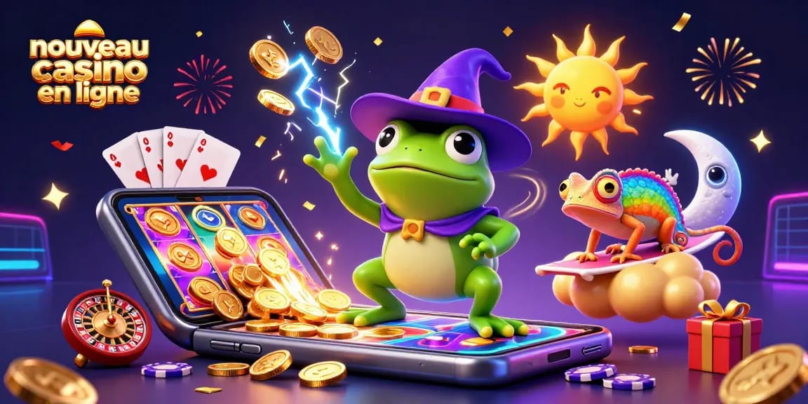 Explore les nouveaux casinos en ligne avec une scène magique de jeux et de bonus.