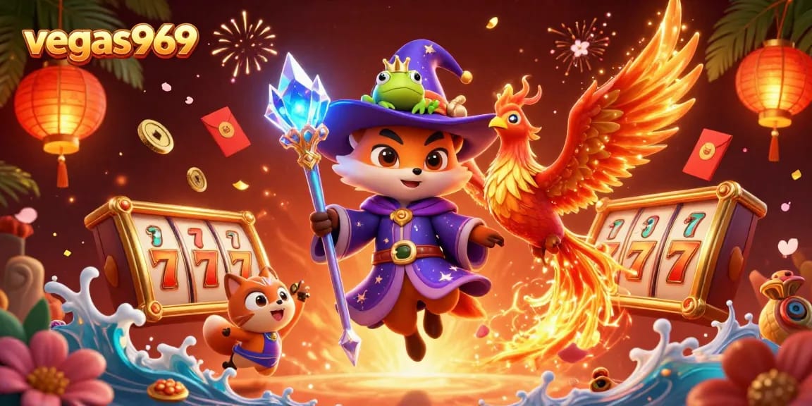 Experience the excitement of vegas969 with captivating 3D characters amidst spinning slot reels and vibrant elements.