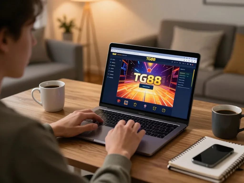 Engaging with TG88 online casino interface during a cozy home gaming session