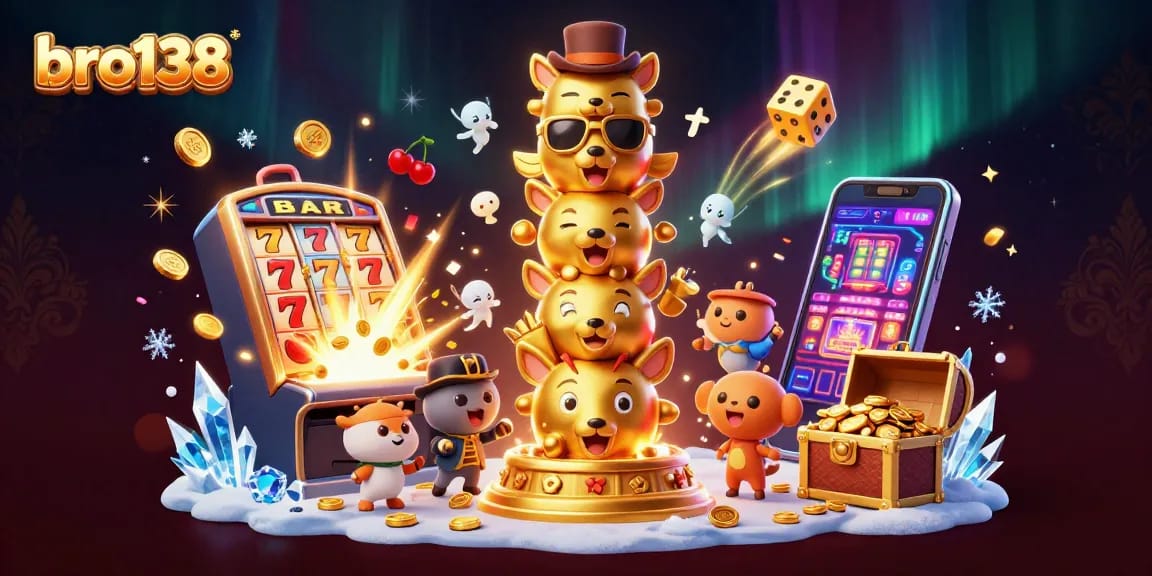 Engage in thrilling gameplay at bro138 with dynamic slot machines, animated characters, and vibrant casino symbols.