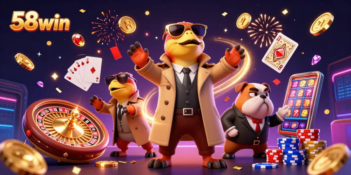 Experience the thrill of 58win with vibrant casino adventure featuring raptors and a bulldog bouncer.
