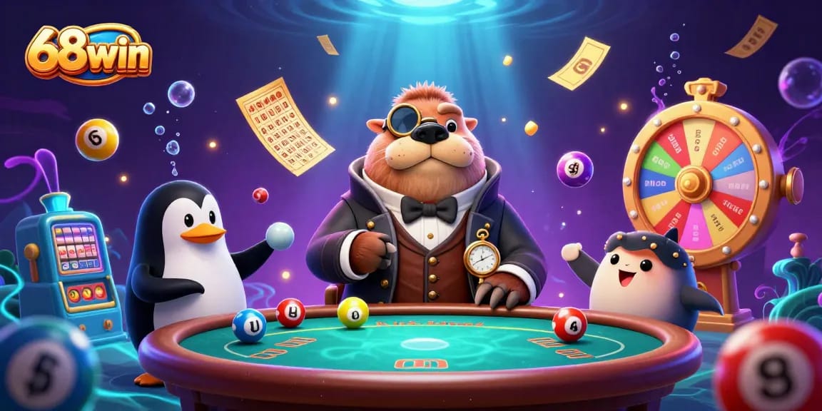 Win big at 68win with vibrant characters in an underwater casino scene!