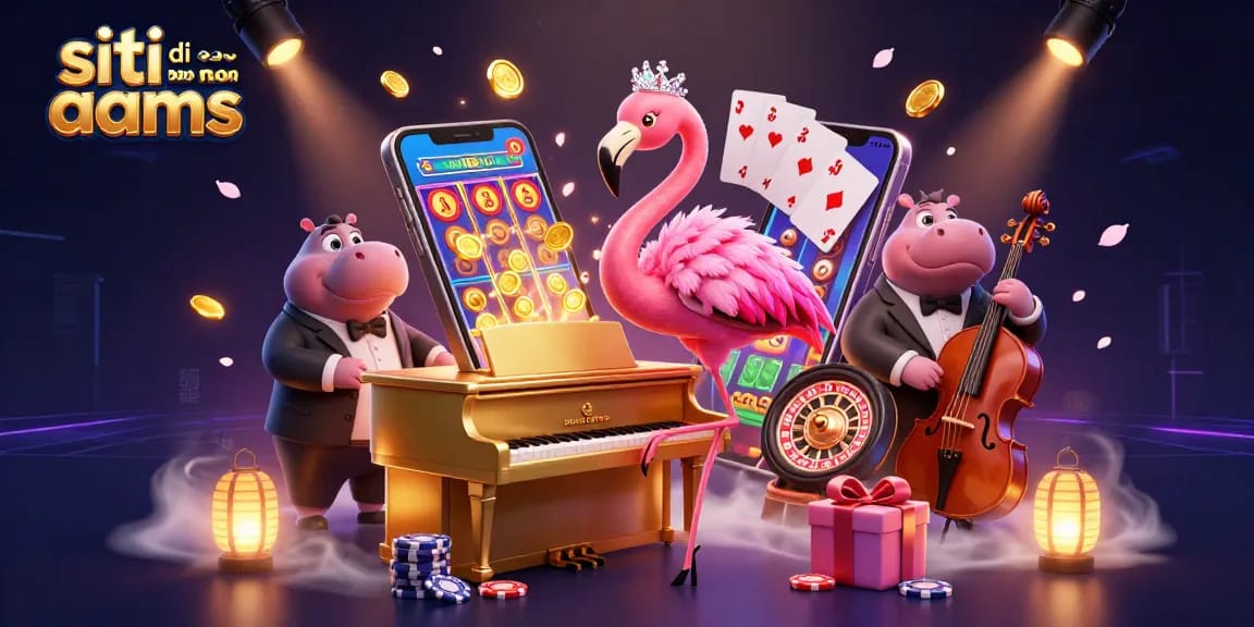 Giocando su siti di scommesse non AAMS con un flamingo cantante e un ippopotamo musicista in un'illustrazione vivace e coinvolgente.
