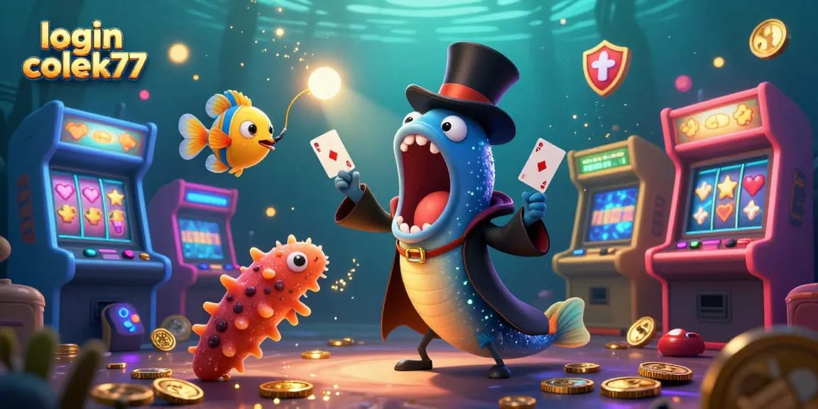Experience exciting gameplay with login colek77 as a cartoon eel performs magic card tricks in this vibrant casino scene.
