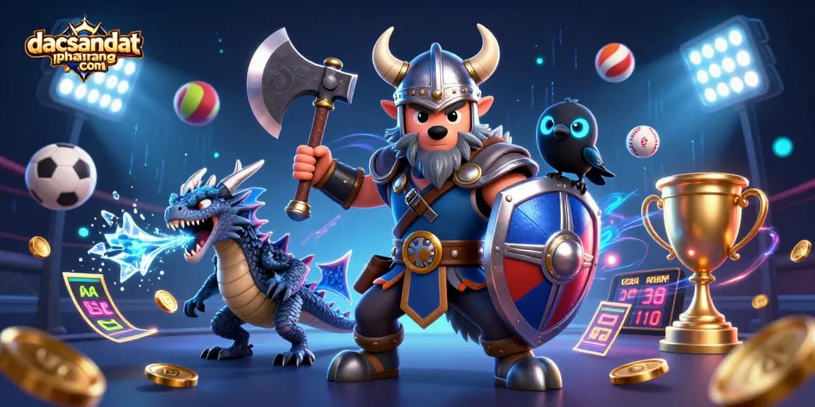 Engage in thrilling gameplay at dacsandatphanrang com with our dynamic Viking warrior and dragon in a vibrant casino backdrop.
