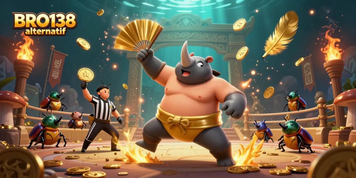 Experience BRO138 alternatif with a fun 3D illustration featuring a dynamic beetle fight scene amid golden coins and festive elements.
