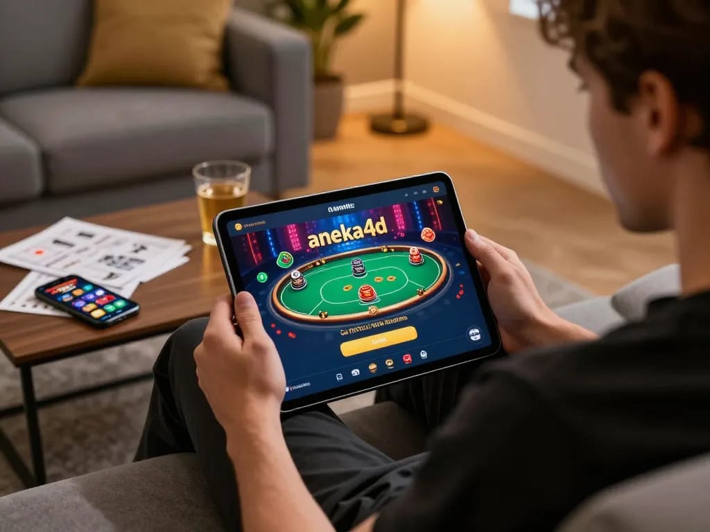 Pemain yang terlibat dalam aneka4d login sambil menikmati permainan online di tablet dengan catatan strategi di atas meja.